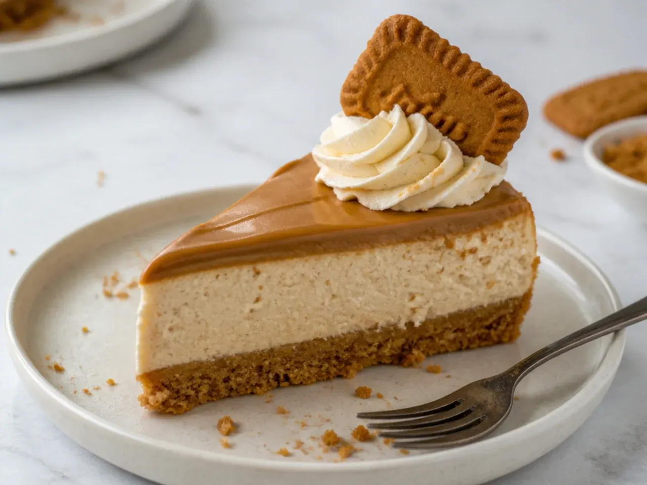 Slice of creamy Biscoff cheesecake showing biscuit crust, one of many biscoff cheesecake variations