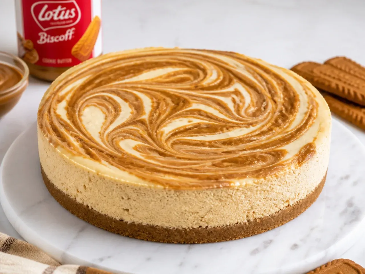 Baked biscoff cheesecake variation with cookie butter swirl pattern on top