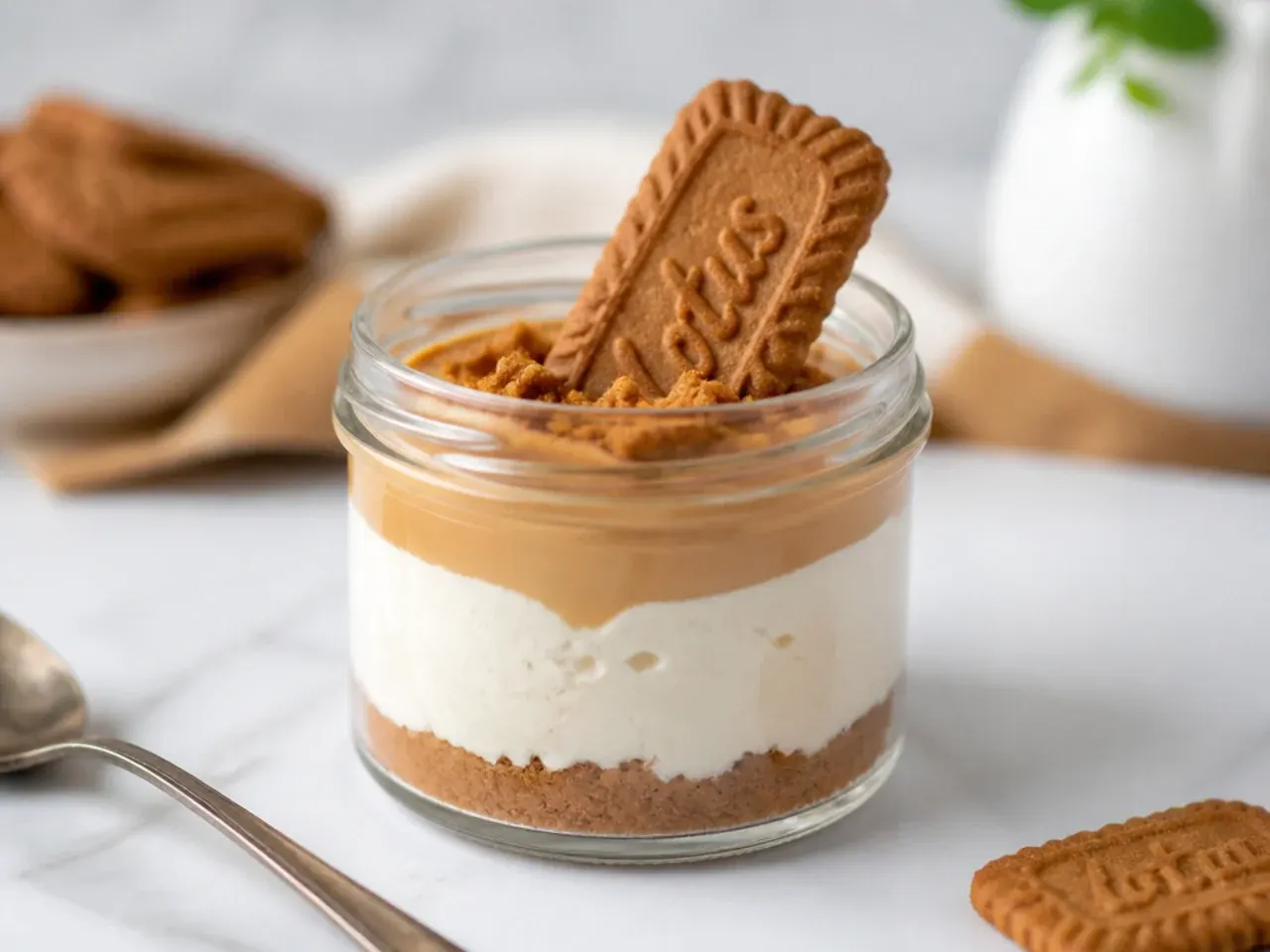 Individual no-bake biscoff cheesecake variation served in small glass jars with layers