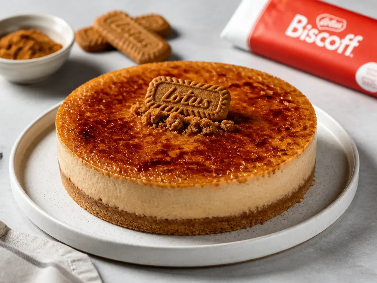 Elegant biscoff cheesecake variation with torched creme brulee sugar crust