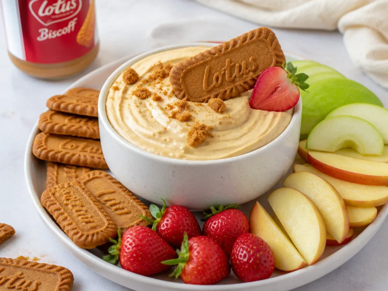 Playful biscoff cheesecake variation served as a dip with biscuits and fruit