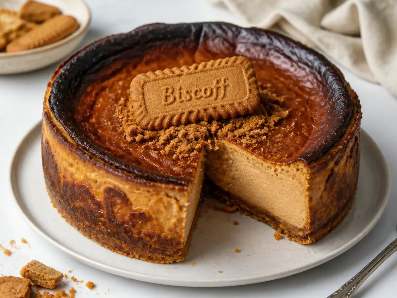 Modern Basque burnt biscoff cheesecake variation with dark caramelised top