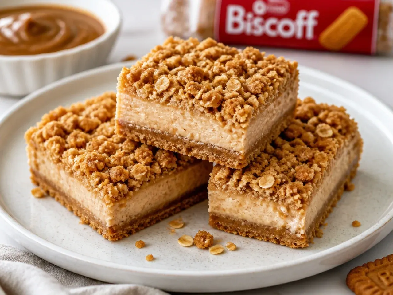 Rustic biscoff cheesecake variation bars topped with golden oat crumble