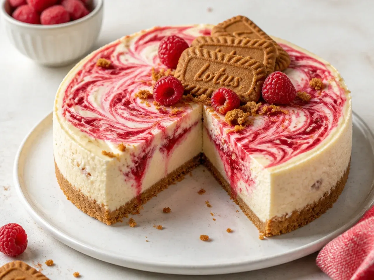 Colorful biscoff cheesecake variation with bright raspberry ripple swirls