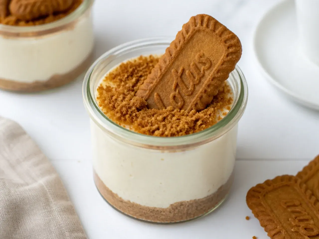 Minimal three ingredient biscoff cheesecake variation in simple glass pots
