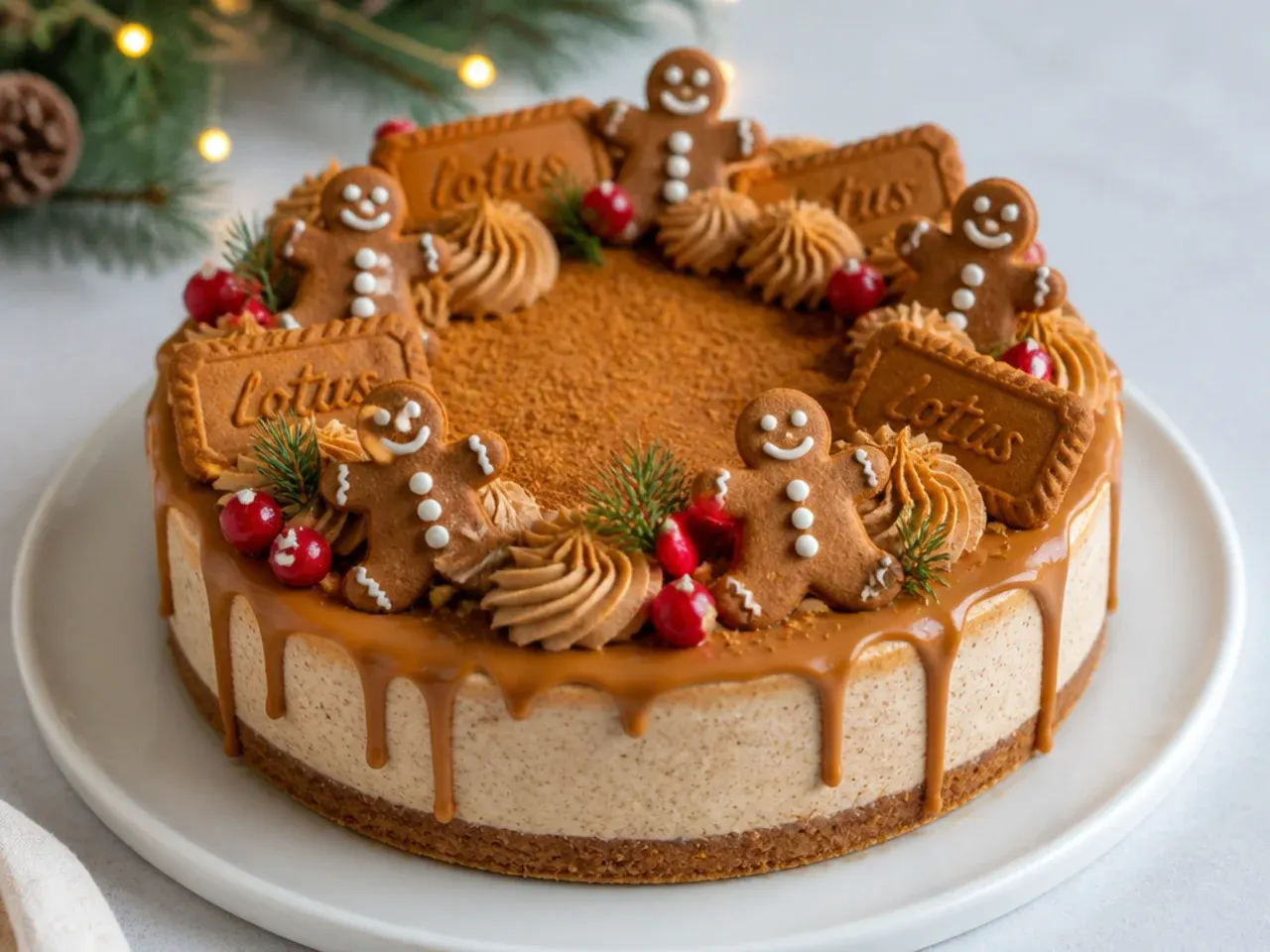 Festive gingerbread biscoff cheesecake variation decorated for Christmas