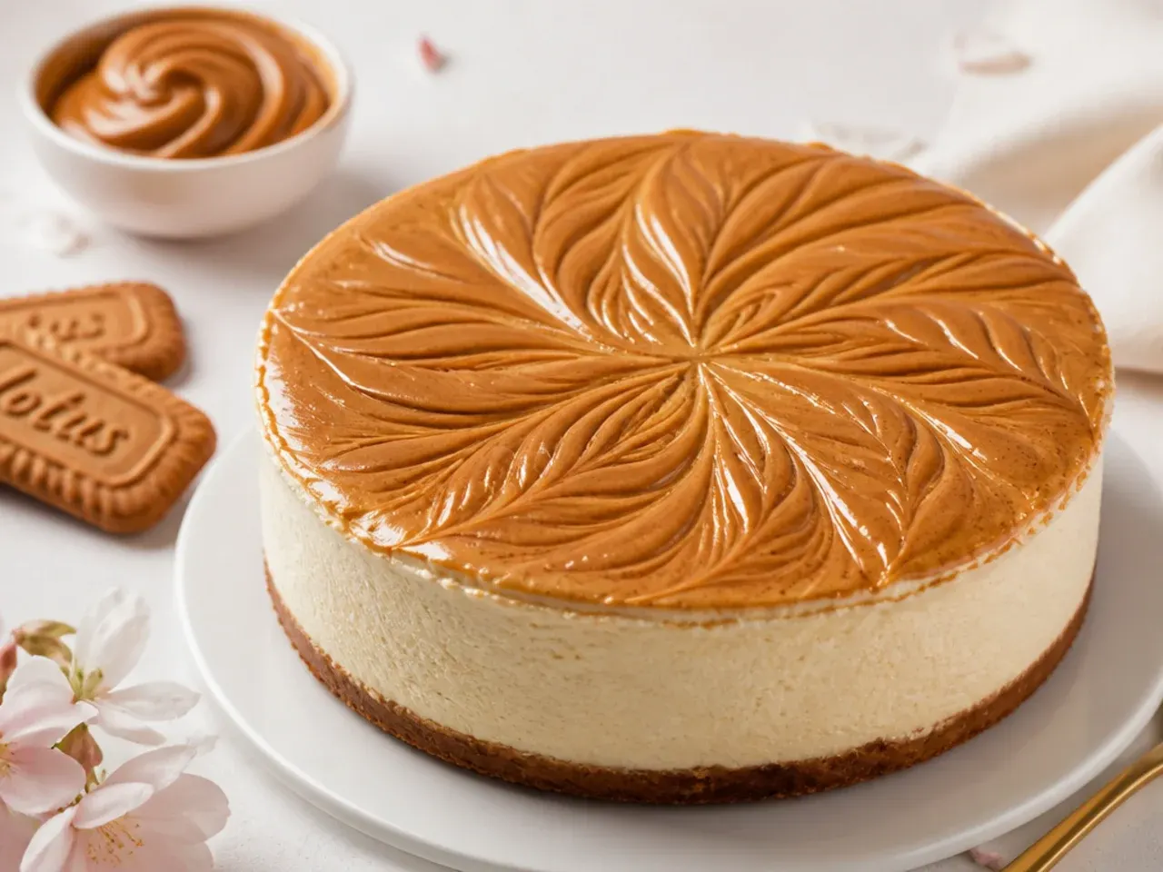 Delicate Japanese souffle biscoff cheesecake variation with feathered spread design
