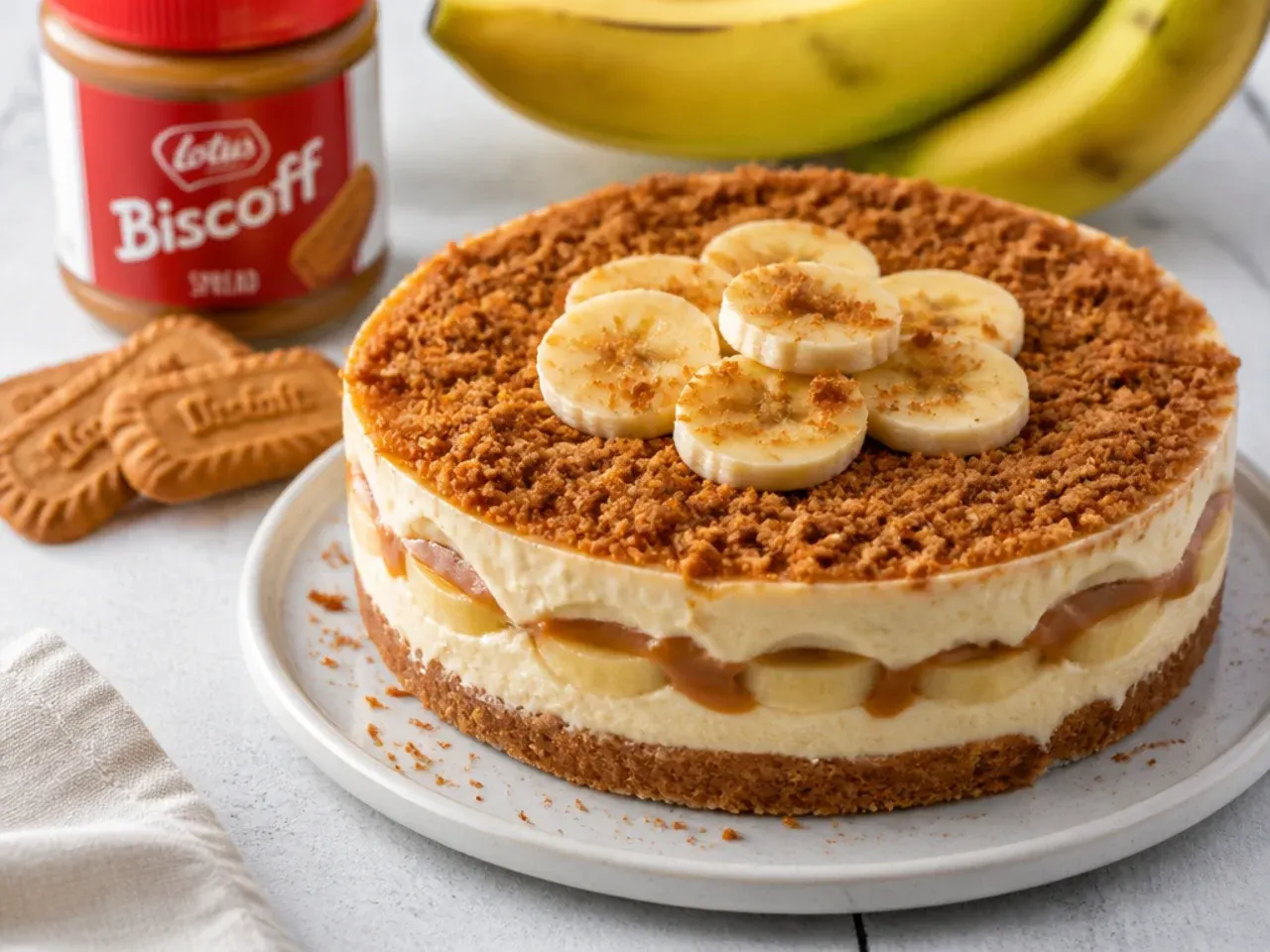 Vintage banoffee biscoff cheesecake variation with banana and caramel layers