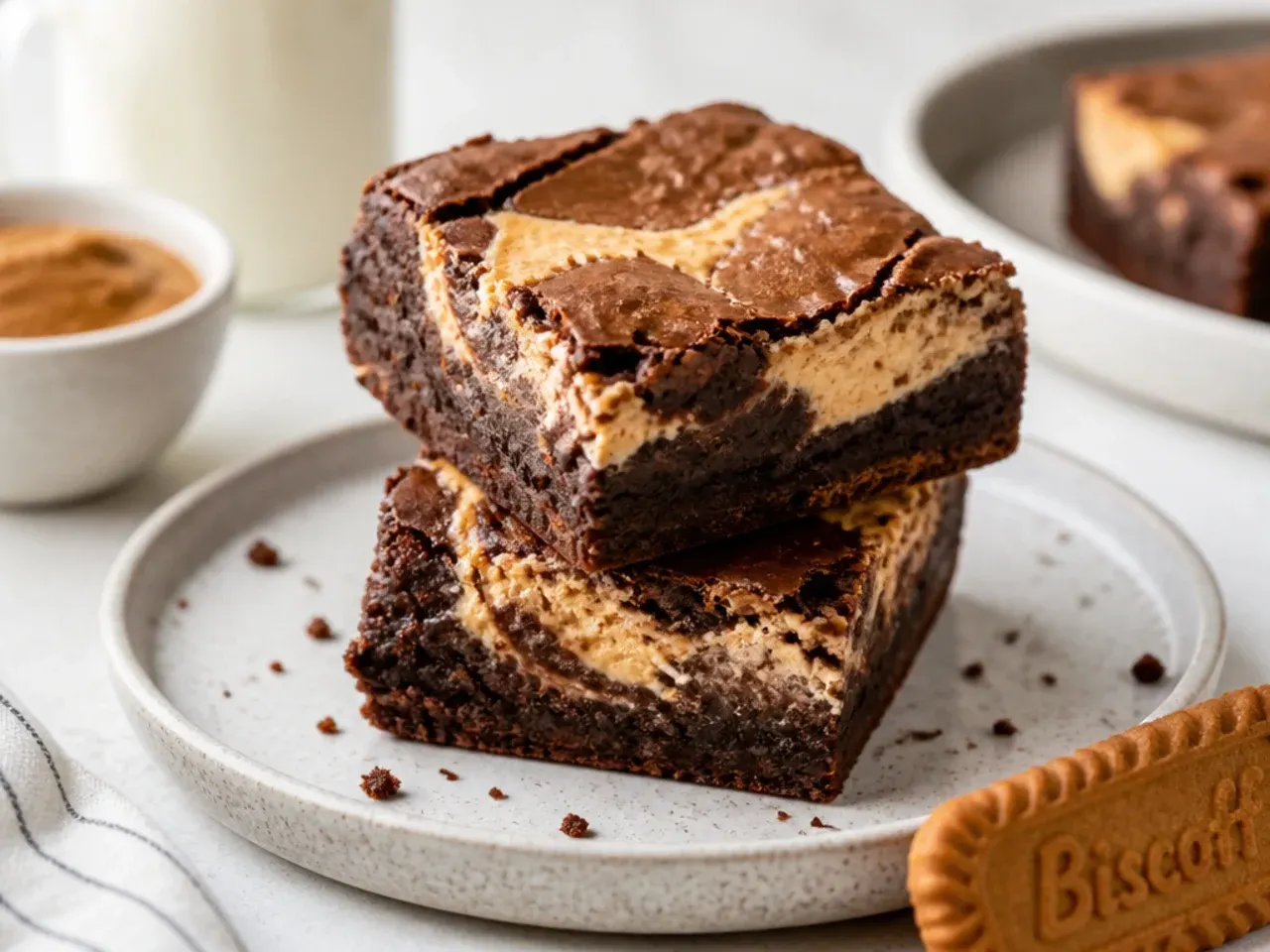 Creative biscoff cheesecake variation swirled through fudgy chocolate brownies