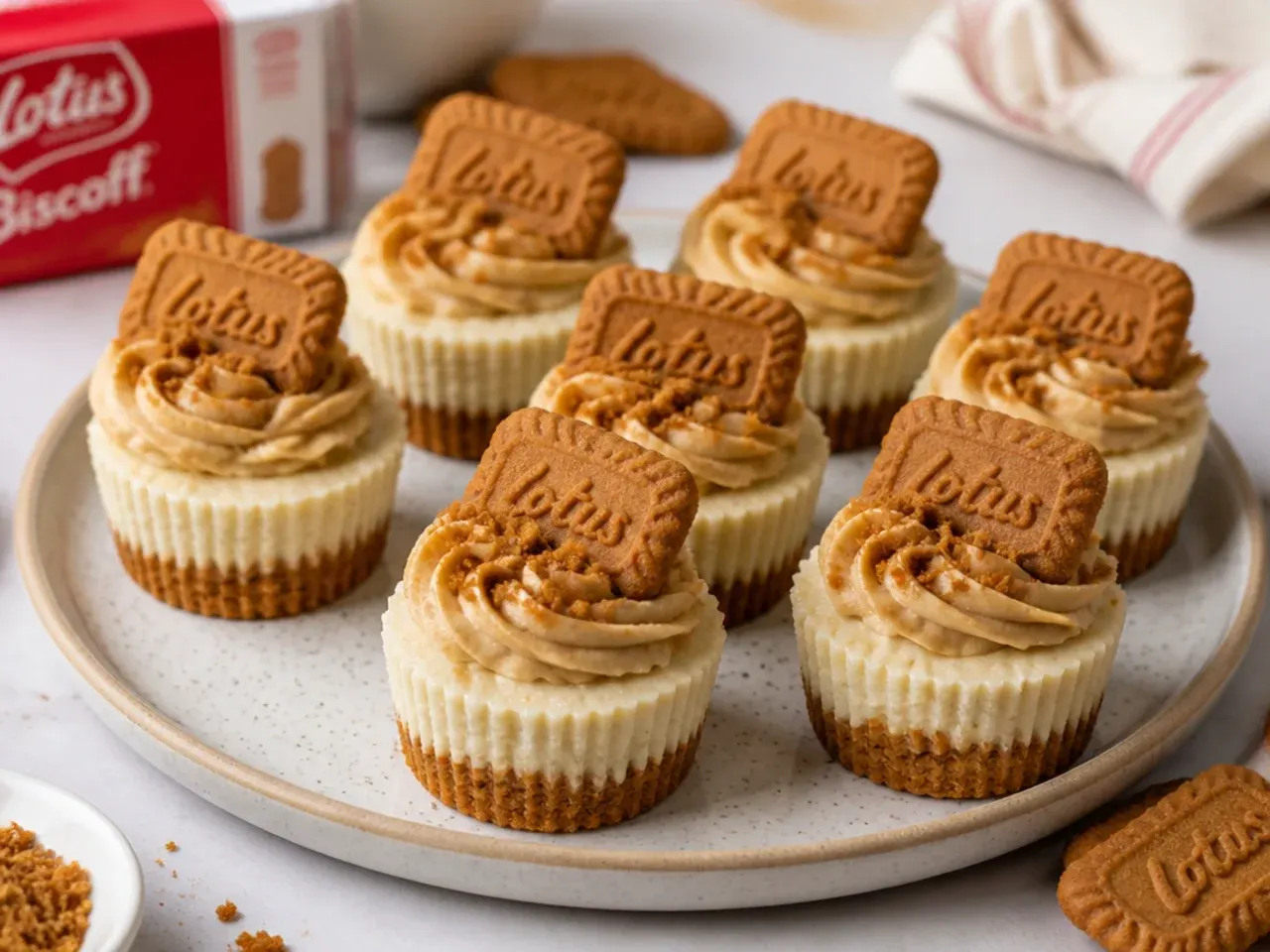 Charming mini biscoff cheesecake variations made in a muffin tin with biscuit toppers