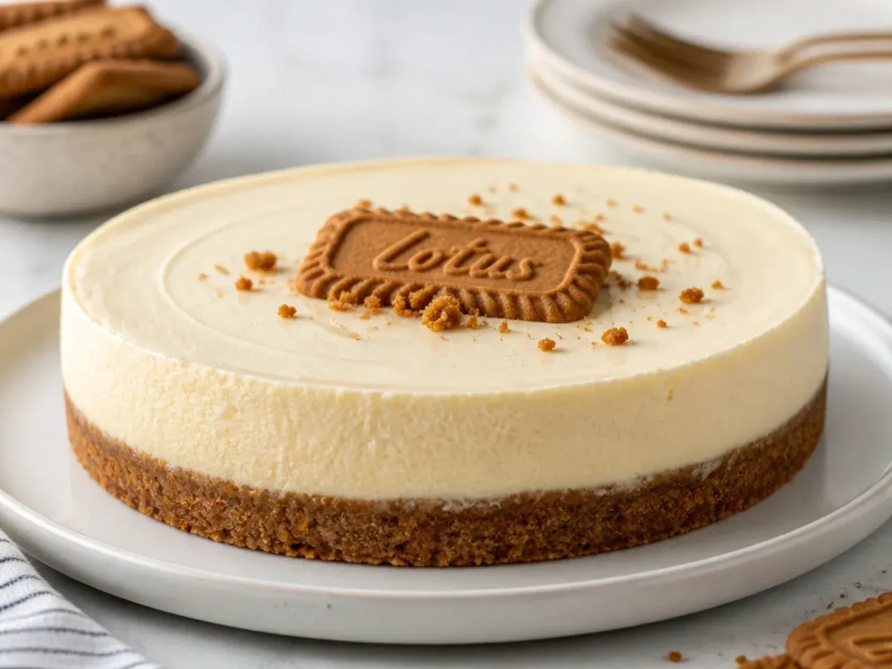 Classic vanilla cheesecake variation on a spiced biscoff biscuit crust