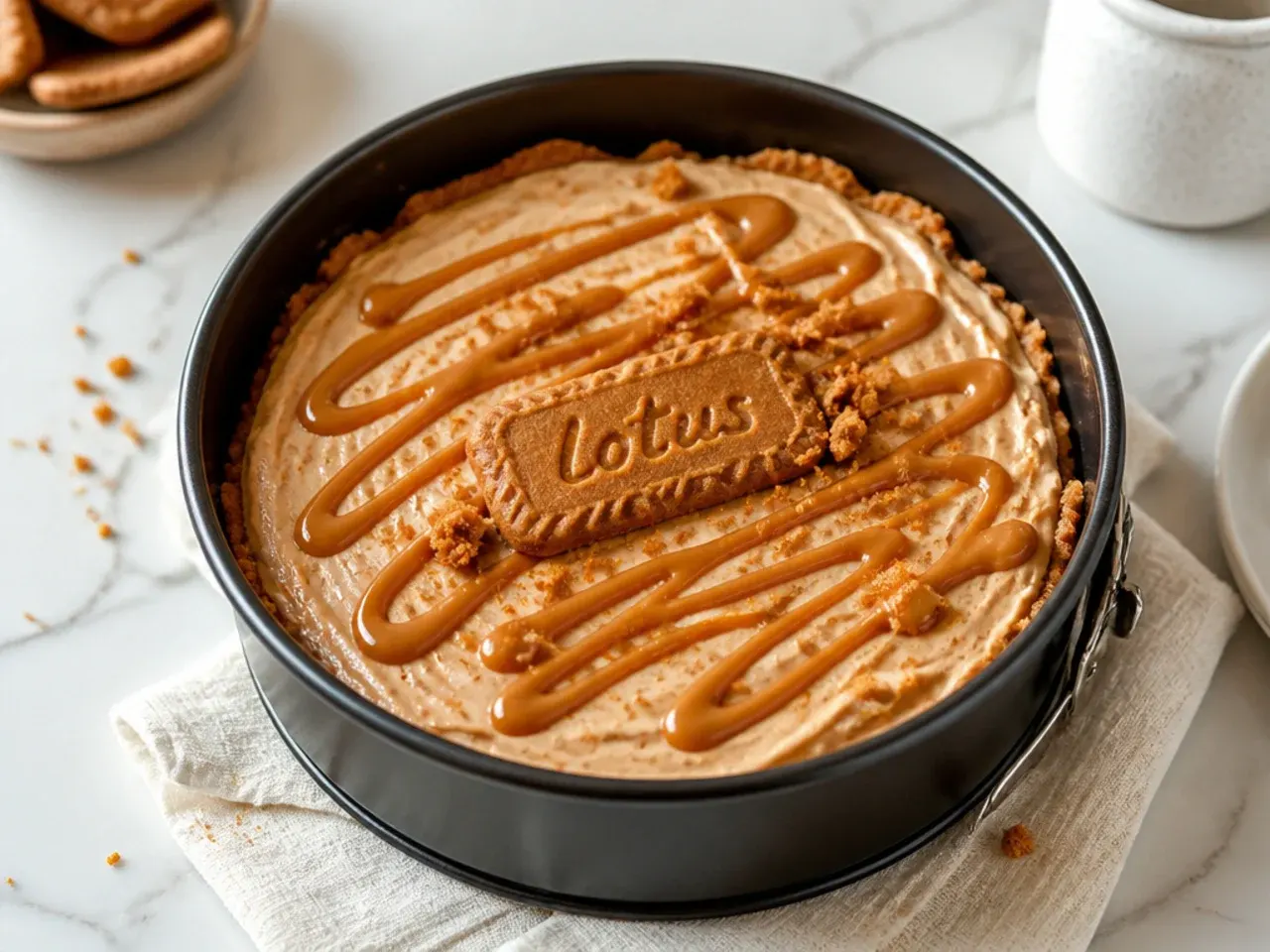 Easy air fryer biscoff cheesecake variation in a small springform tin