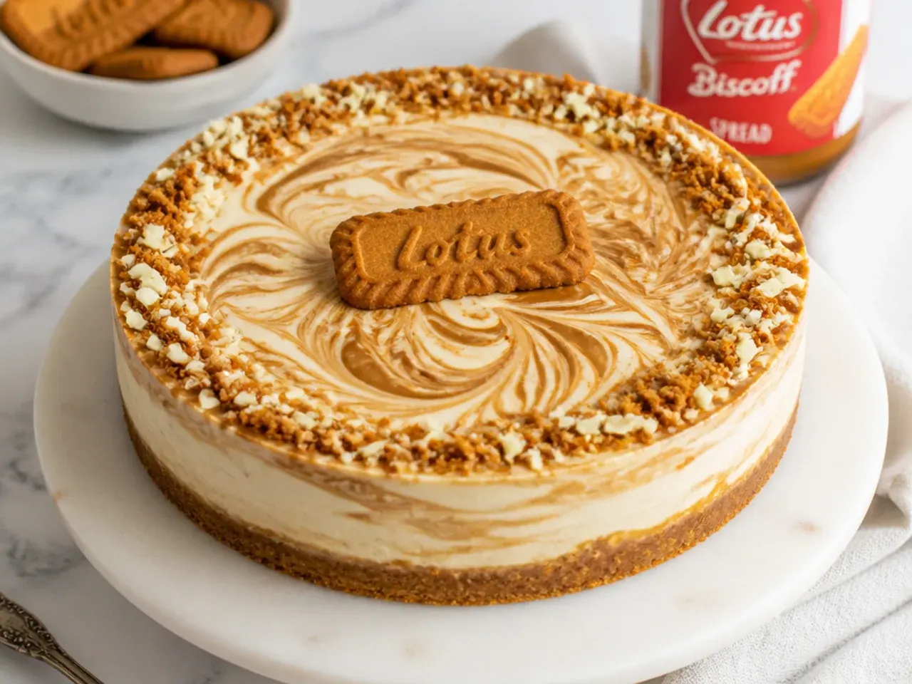 Elegant marbled biscoff cheesecake variation with white chocolate swirls