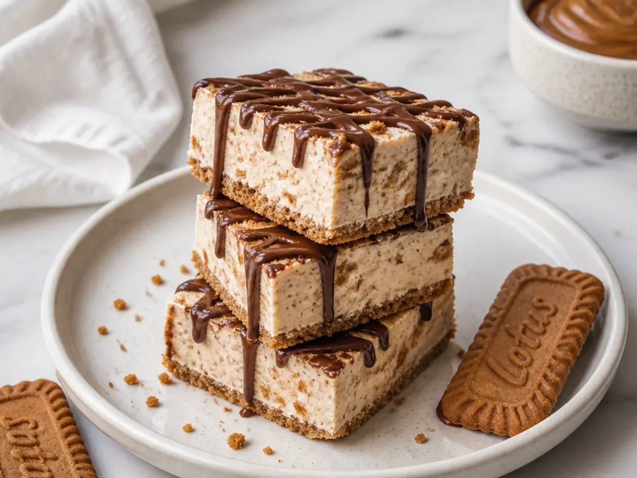 Frozen biscoff cheesecake variation bars drizzled with dark chocolate