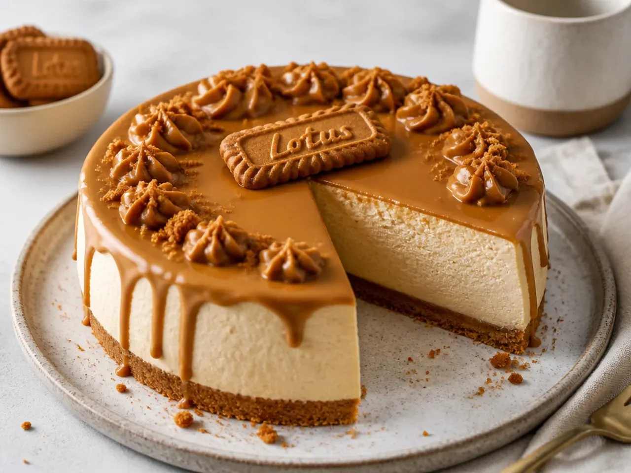Modern vegan biscoff cheesecake variation made with plant based cream