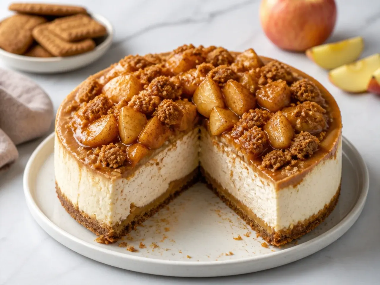 Rustic biscoff cheesecake variation topped with cinnamon apples and crumble