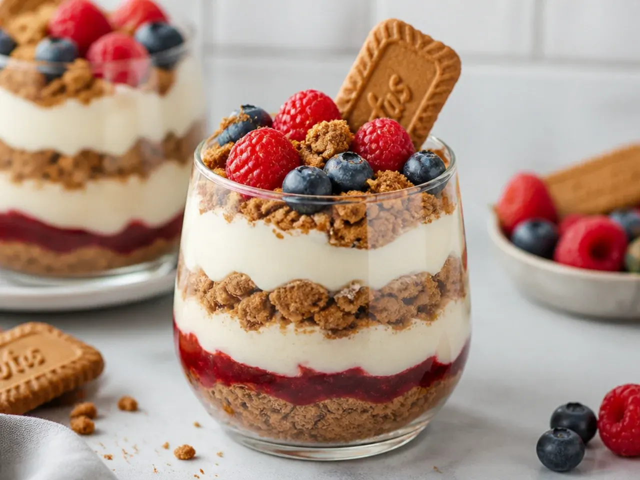 Colorful layered biscoff cheesecake variation trifles with fresh berries in glasses
