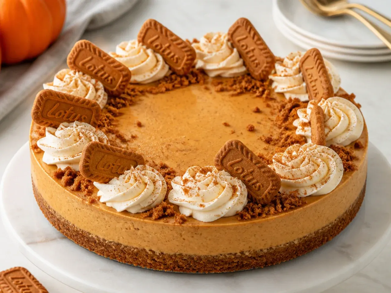 Festive pumpkin spice biscoff cheesecake variation with whipped cream rosettes
