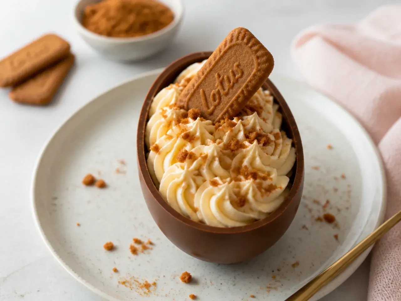 Whimsical biscoff cheesecake variation piped inside hollow chocolate egg halves