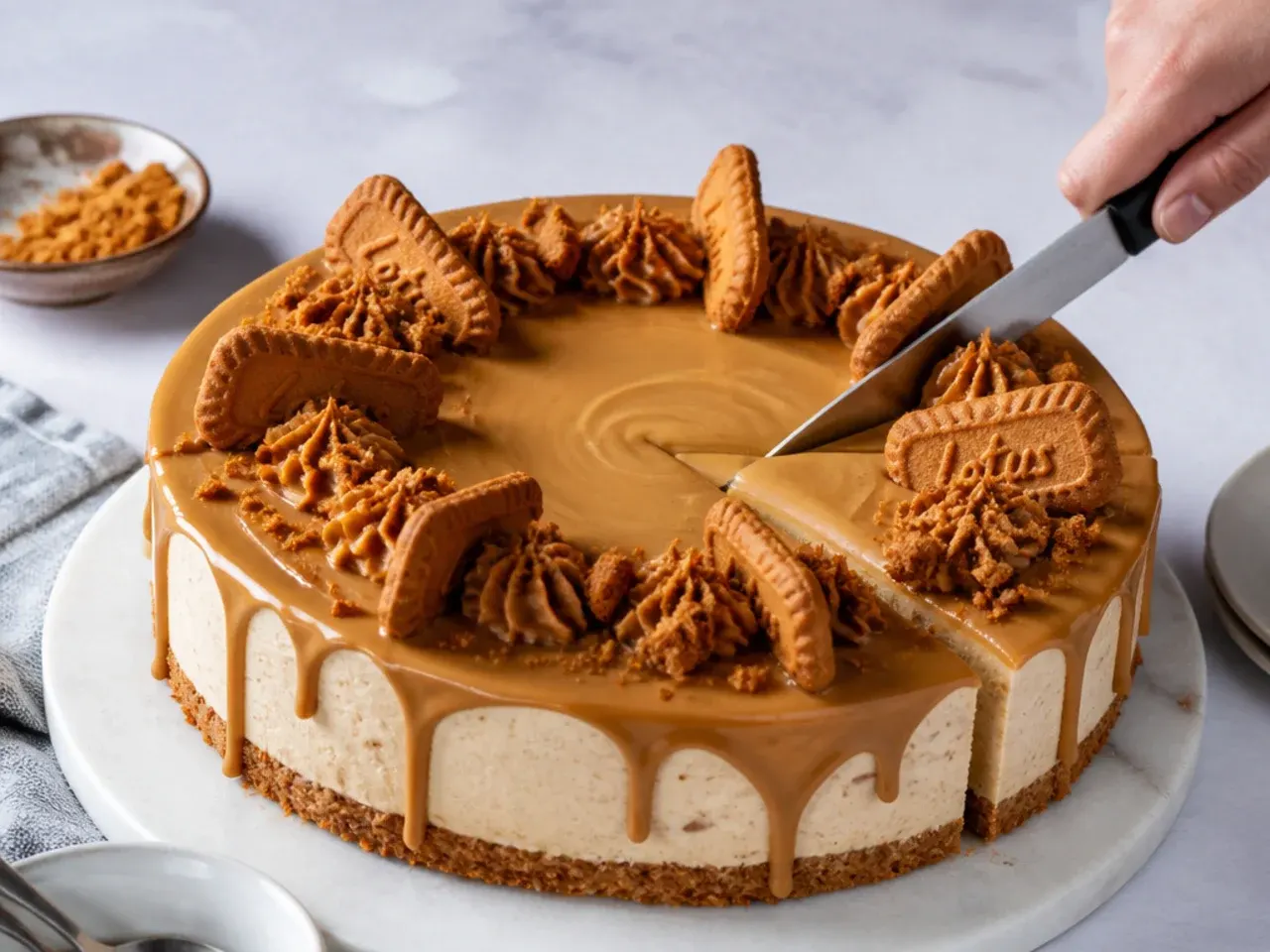 Baker slicing a set biscoff cheesecake variation cleanly with a hot knife