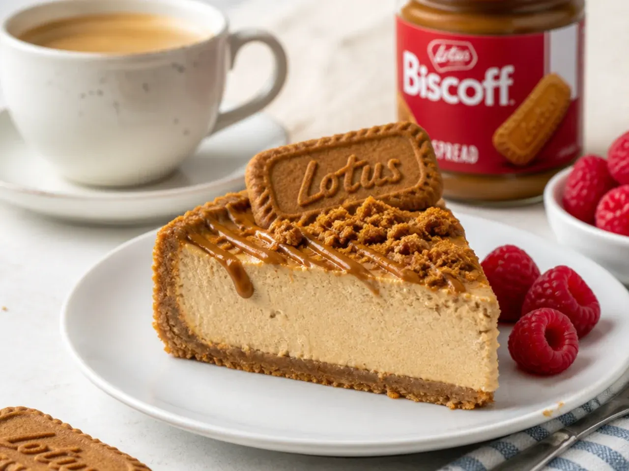 Plated biscoff cheesecake variation slice with coffee and fresh raspberries