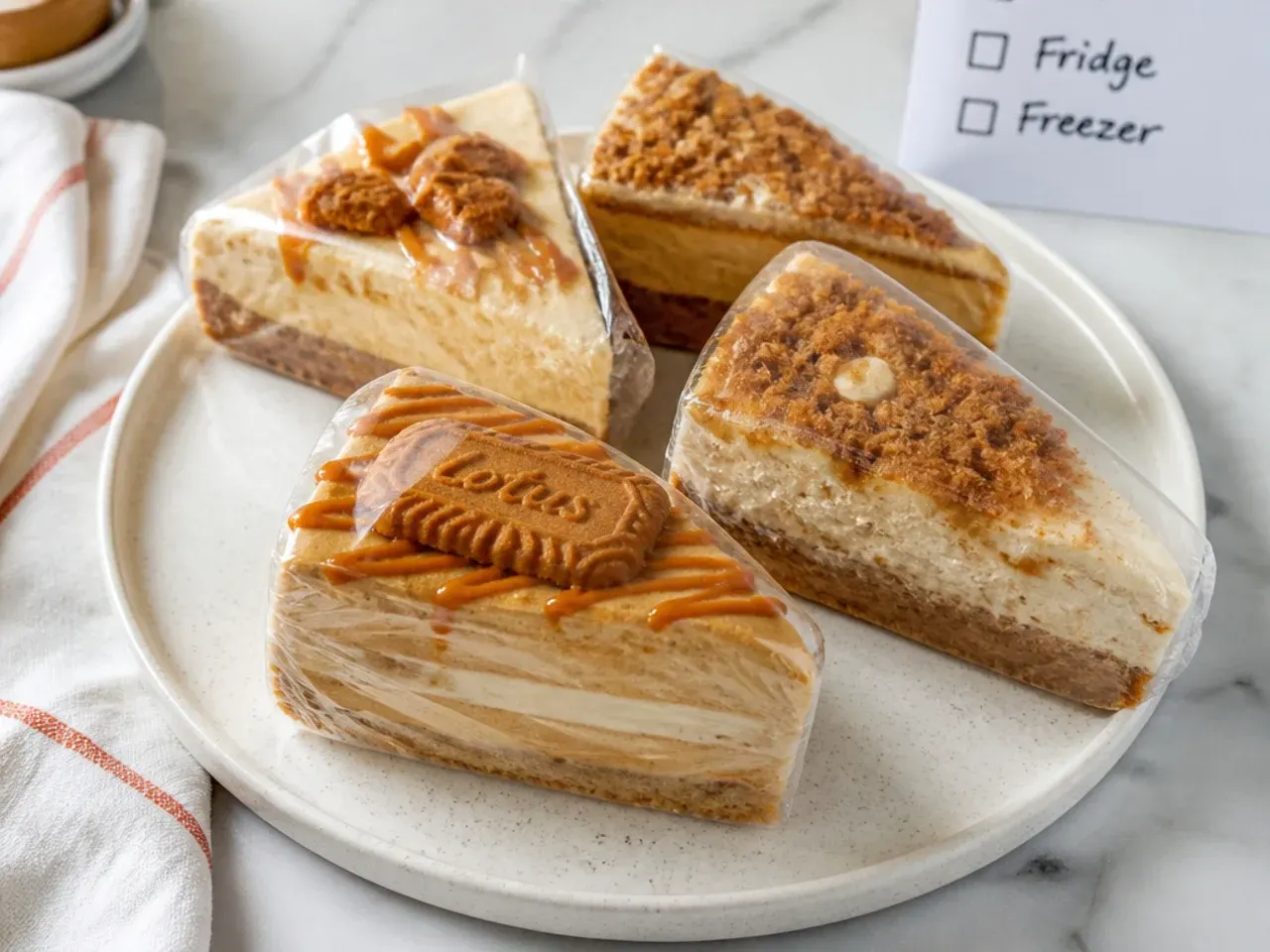Wrapped slices of biscoff cheesecake variations prepared for fridge and freezer storage
