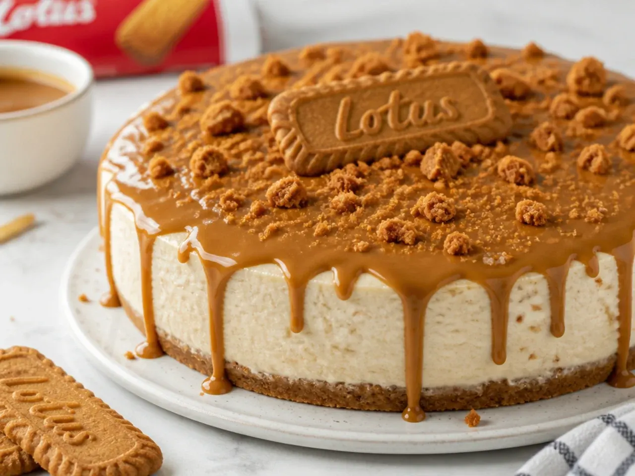 No-bake Biscoff cheesecake with a glossy melted Biscoff topping and crushed biscuits, the Biscoff side of a biscoff vs oreo cheesecake comparison