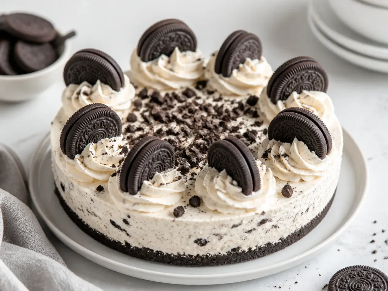 No-bake Oreo cheesecake with cookie chunks, whipped cream swirls and whole Oreos, the Oreo side of a biscoff vs oreo cheesecake showdown