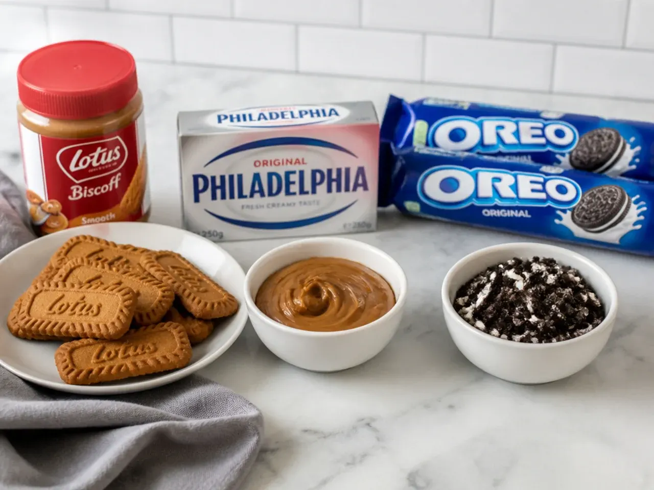 Ingredients laid out for a biscoff vs oreo cheesecake cost comparison, Biscoff spread and biscuits beside Oreo packs and cream cheese