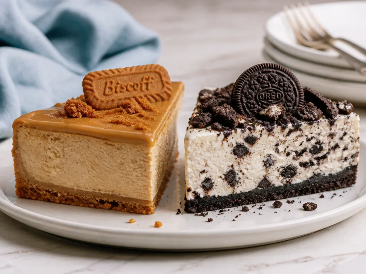 Side-by-side cross-section slices showing the taste and texture difference in a biscoff vs oreo cheesecake, smooth Biscoff versus chunky Oreo