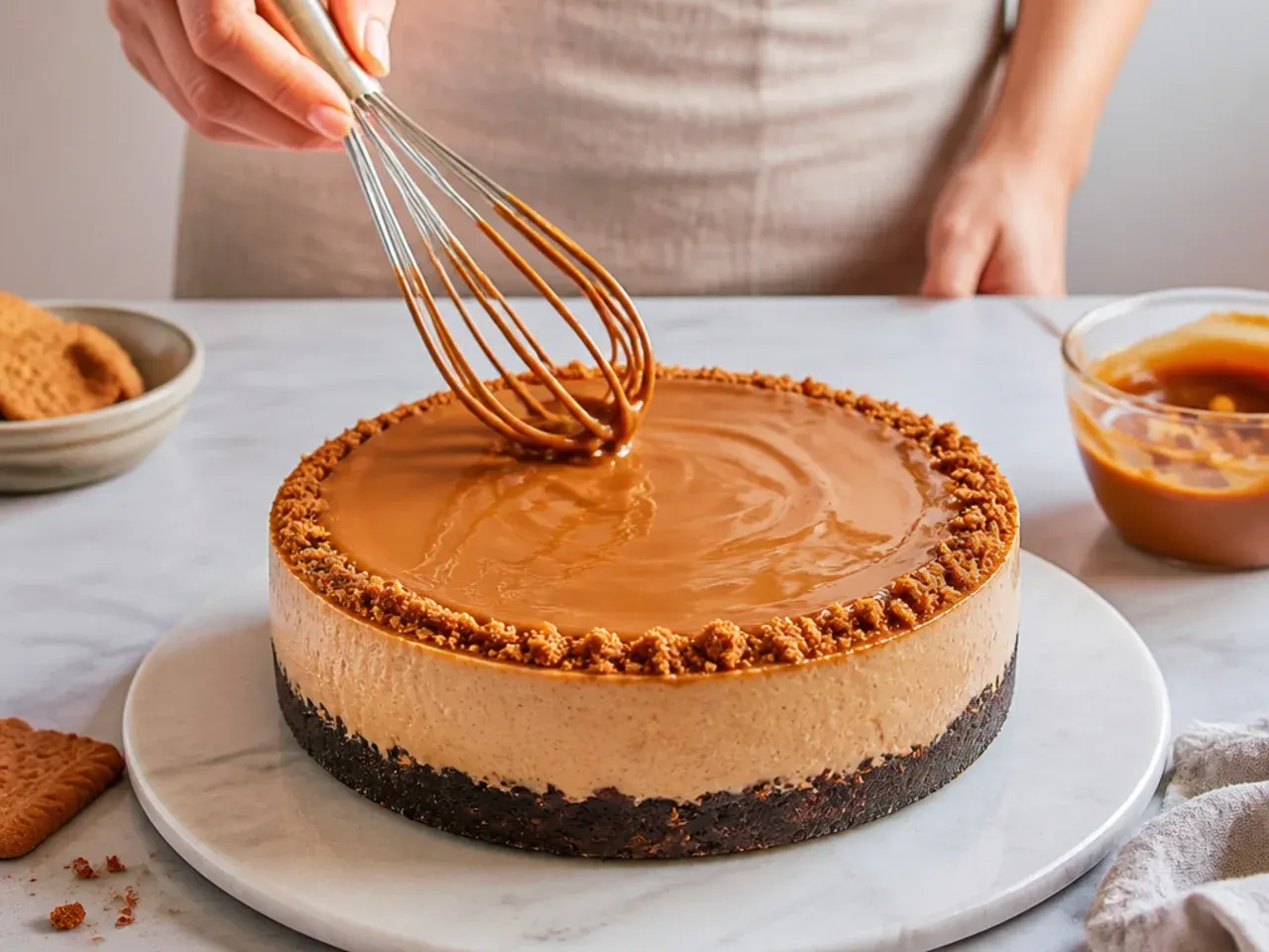 Hands whisking the no-bake filling and glazing the top, showing the time and effort involved in a biscoff vs oreo cheesecake bake