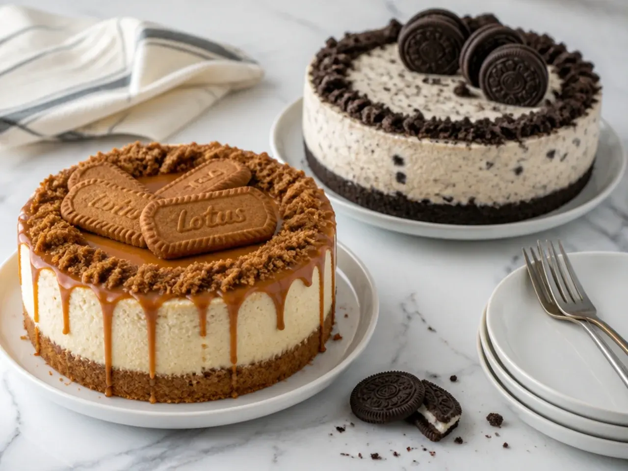 Two finished cheesecakes plated for different occasions, helping you pick the best choice in a biscoff vs oreo cheesecake decision