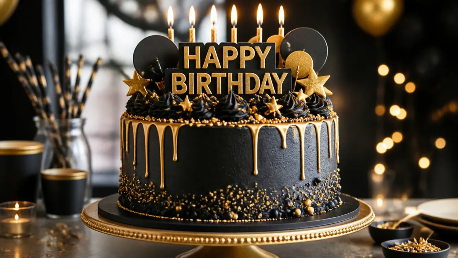 A tall black and gold layer cake with a glossy black ganache drip and edible gold leaf shards, styled on a dark wooden board for a birthday celebration for men