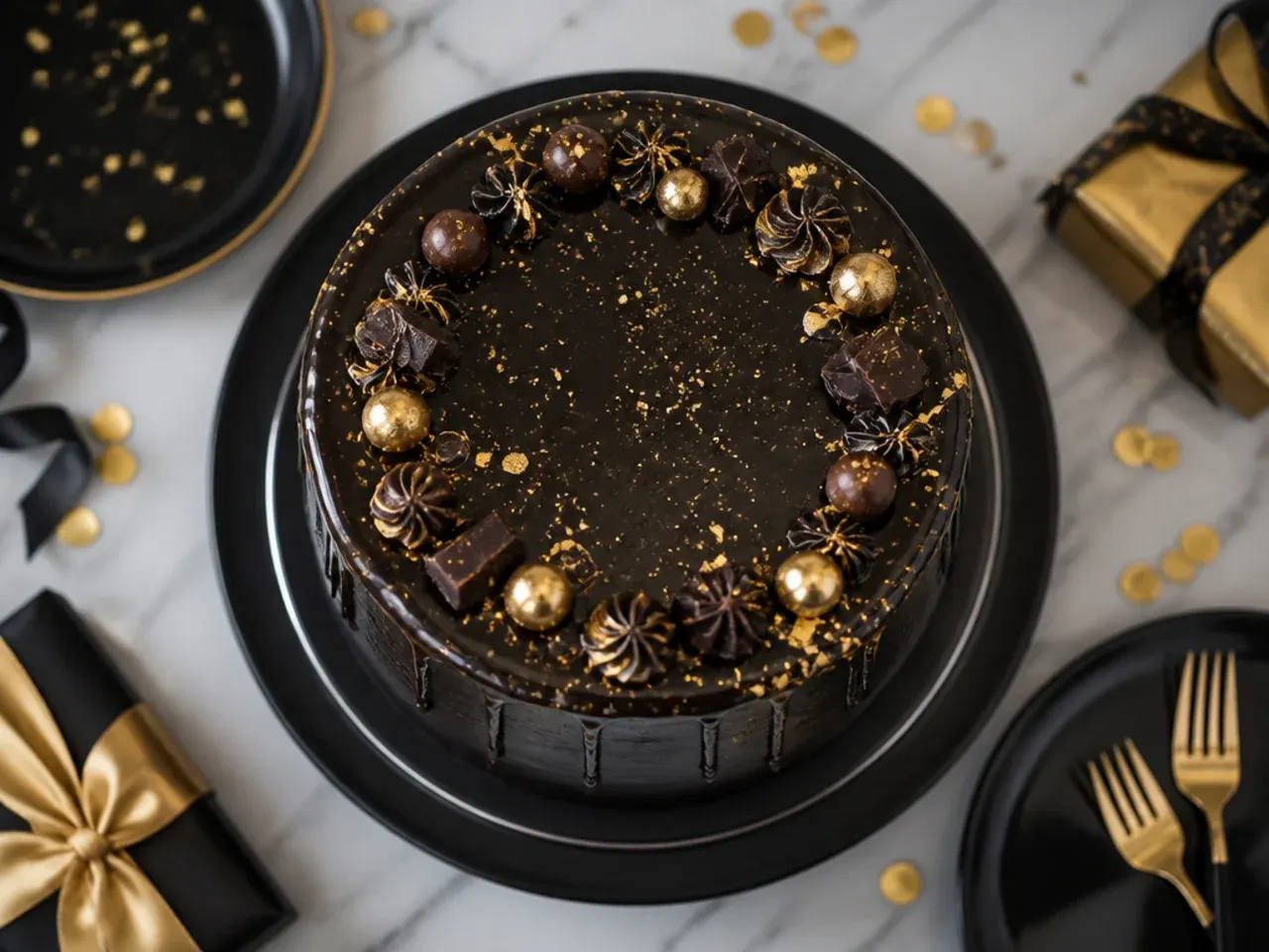 Close-up of black ganache dripping down the side of a chocolate layer cake with gold sprinkles on top