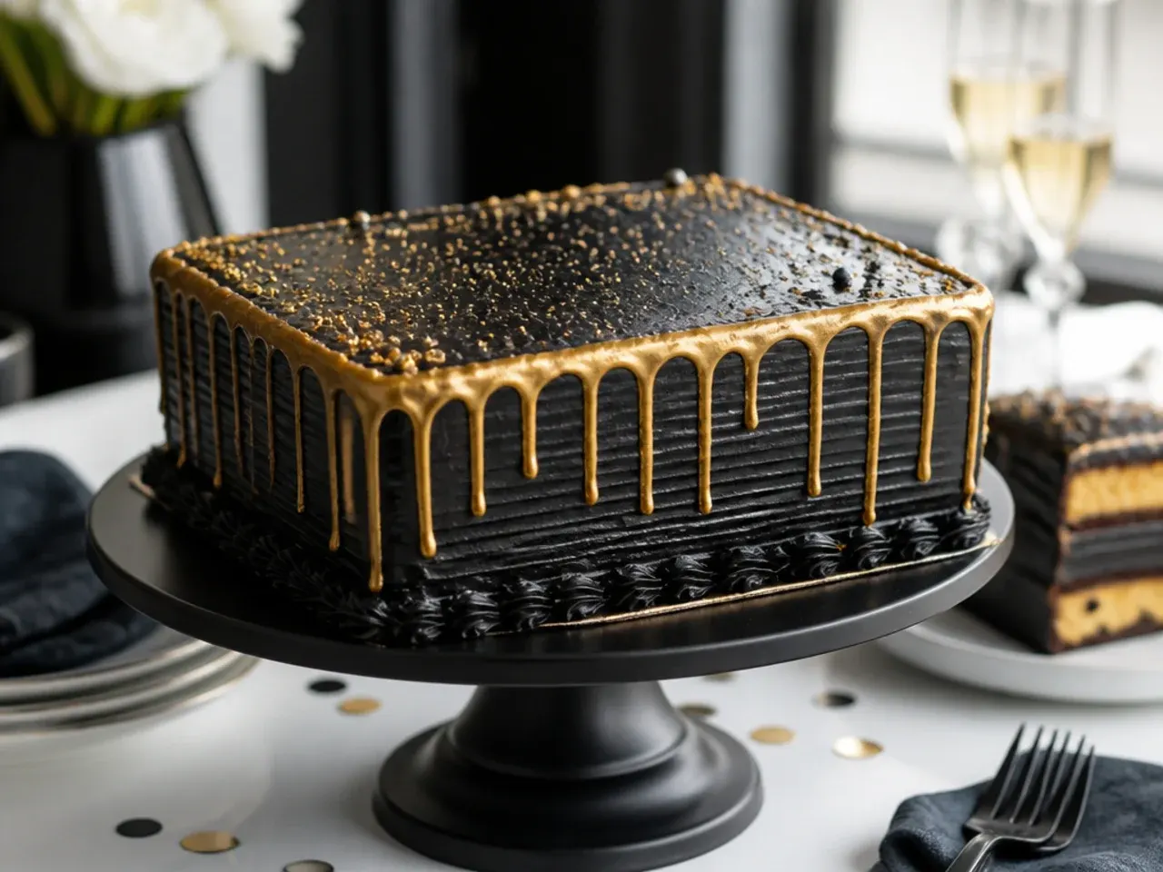 A black-frosted sheet cake with a hand-painted gold geometric pattern in one corner, cut into square servings