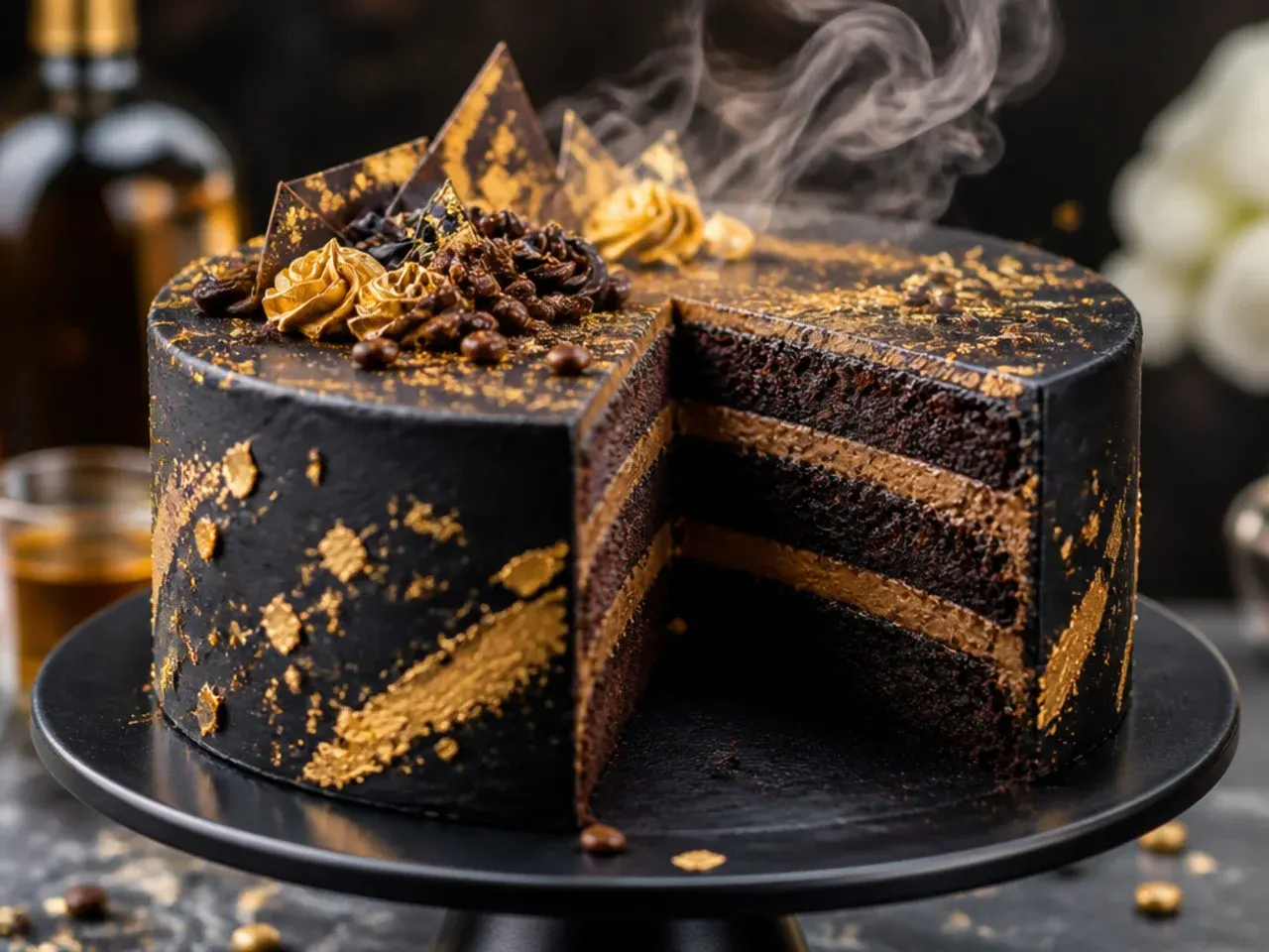A slice of espresso and whiskey chocolate cake showing moist dark layers with a caramel drizzle