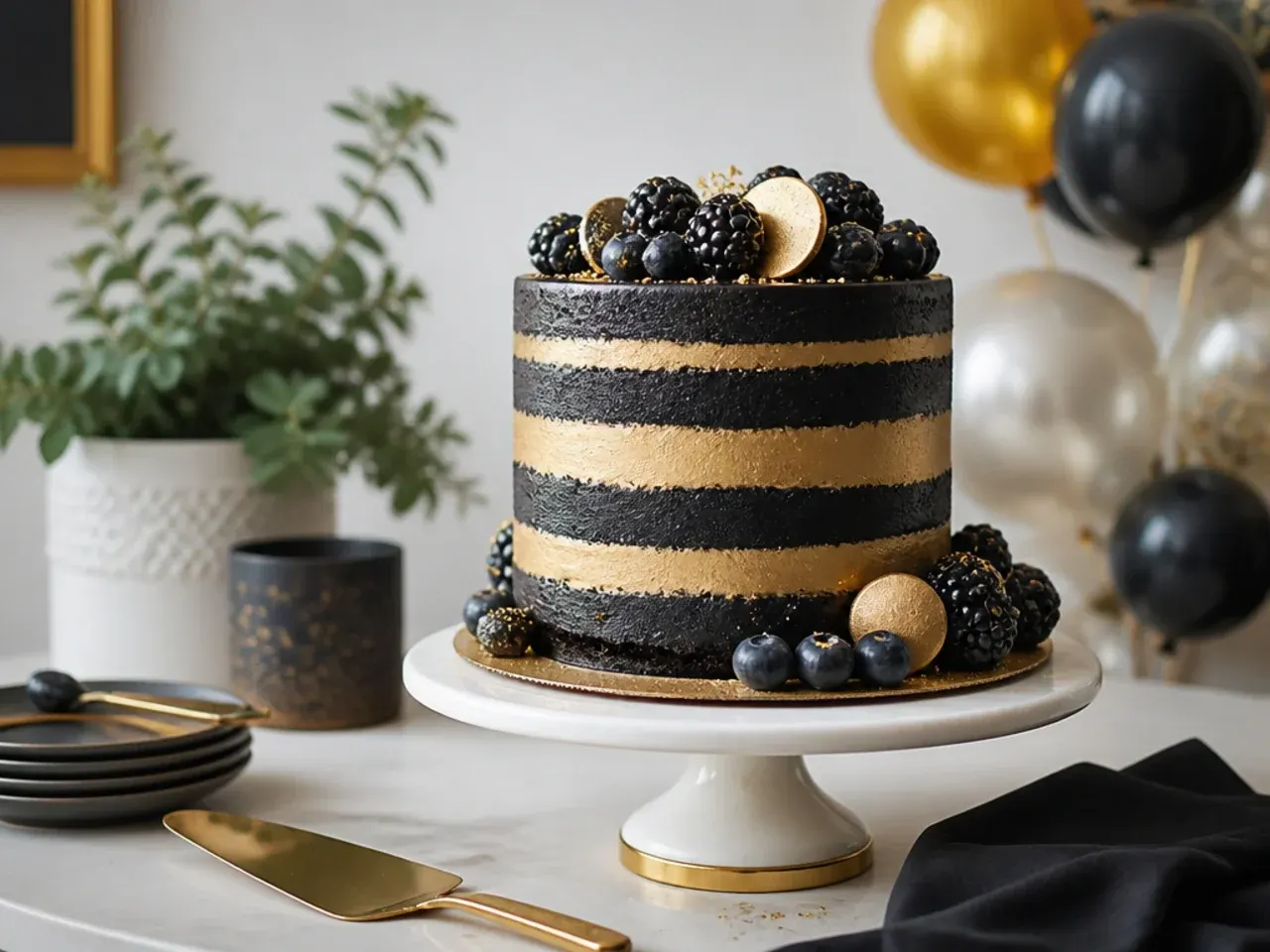 A semi-naked dark chocolate cake with visible sponge layers and scattered gold leaf flakes on top