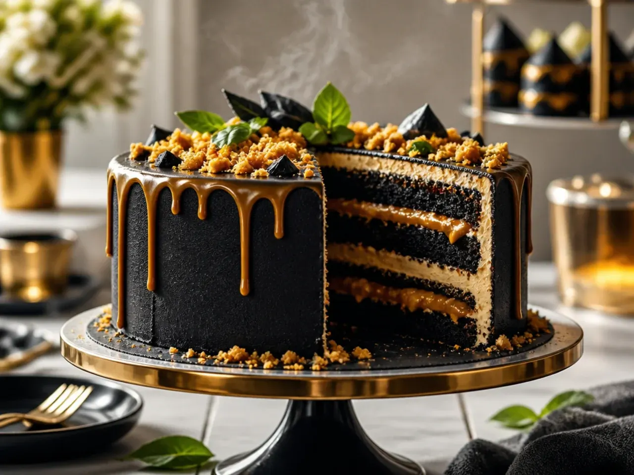 A black buttercream cake with a golden salted caramel drip and flaky sea salt on top