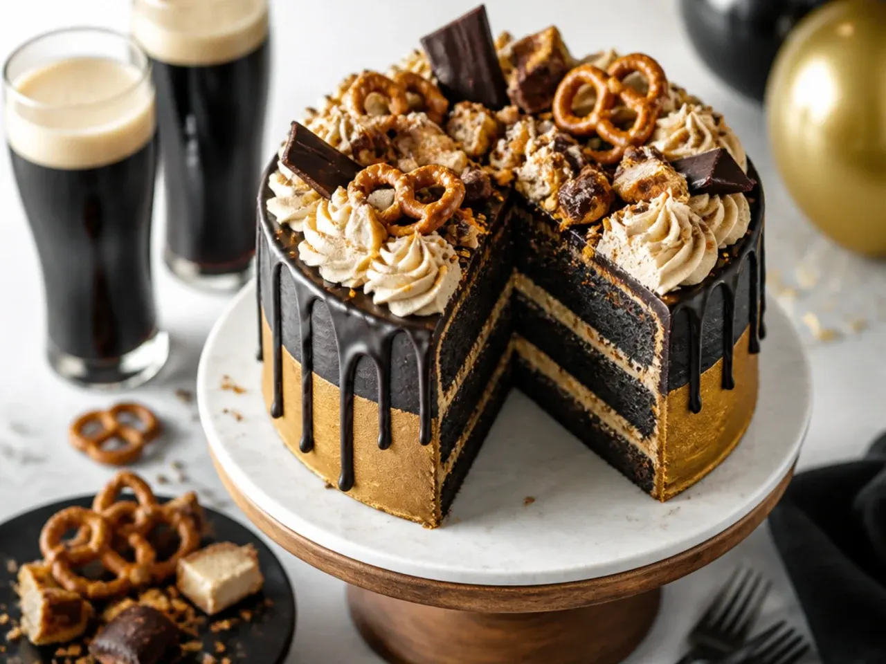 A stout chocolate cake topped with gold-dusted pretzels and a caramel drizzle