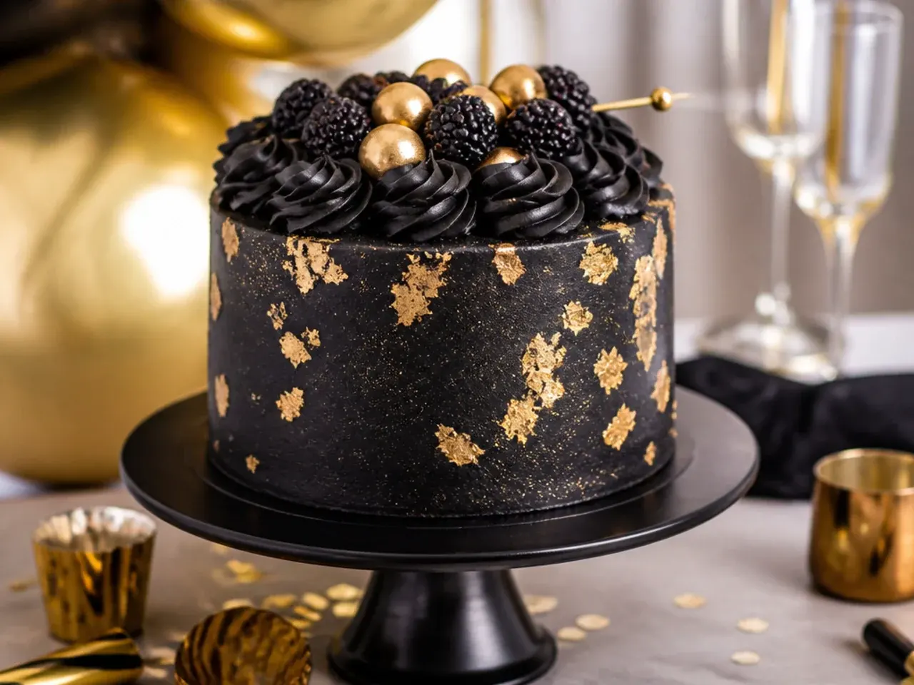 A black velvet cake sliced open to show dark layers against white cream cheese frosting, topped with gold leaf