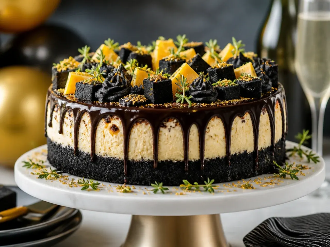 A black chocolate cheesecake with a glossy black ganache glaze and gold leaf shards on top, sliced to show the pale filling