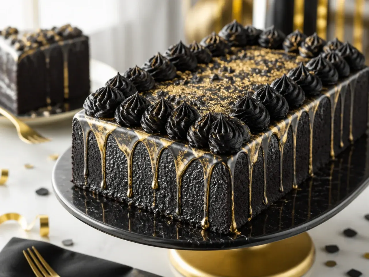 A large black and gold sheet cake pre-cut into square portions on a dessert table for a party