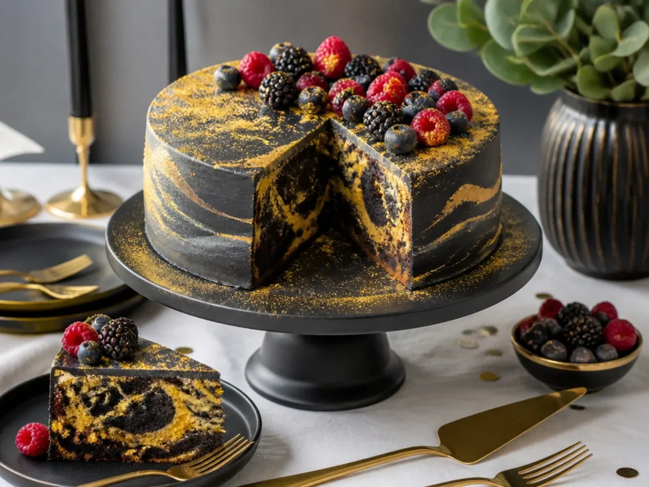 A slice of marble cake showing black and vanilla swirls against a white frosted exterior