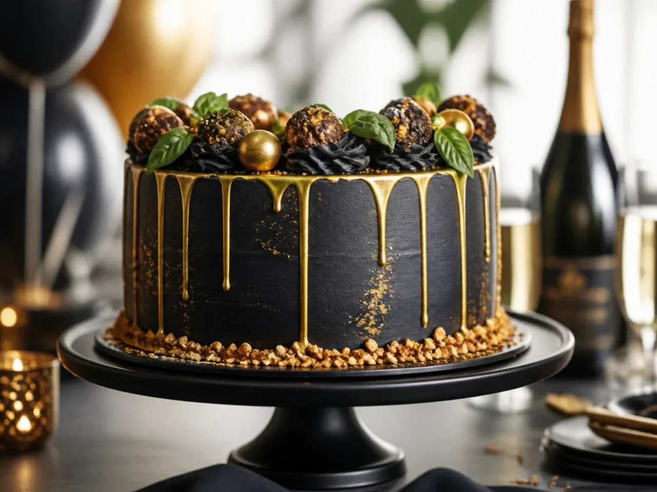 A black and gold cake decorated with gold candles and a gold number topper for a birthday celebration