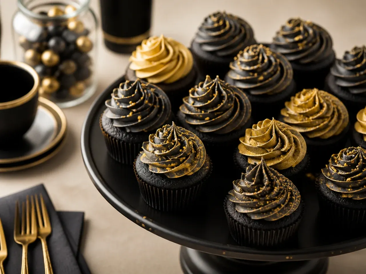A tray of chocolate cupcakes with black buttercream swirls and gold-dipped tips arranged on a dark slate board