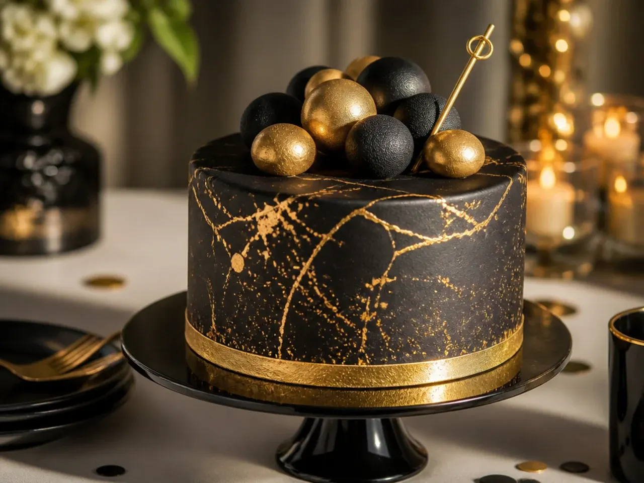 A black fondant-covered cake with a hand-painted gold geometric pattern and sharp, smooth edges
