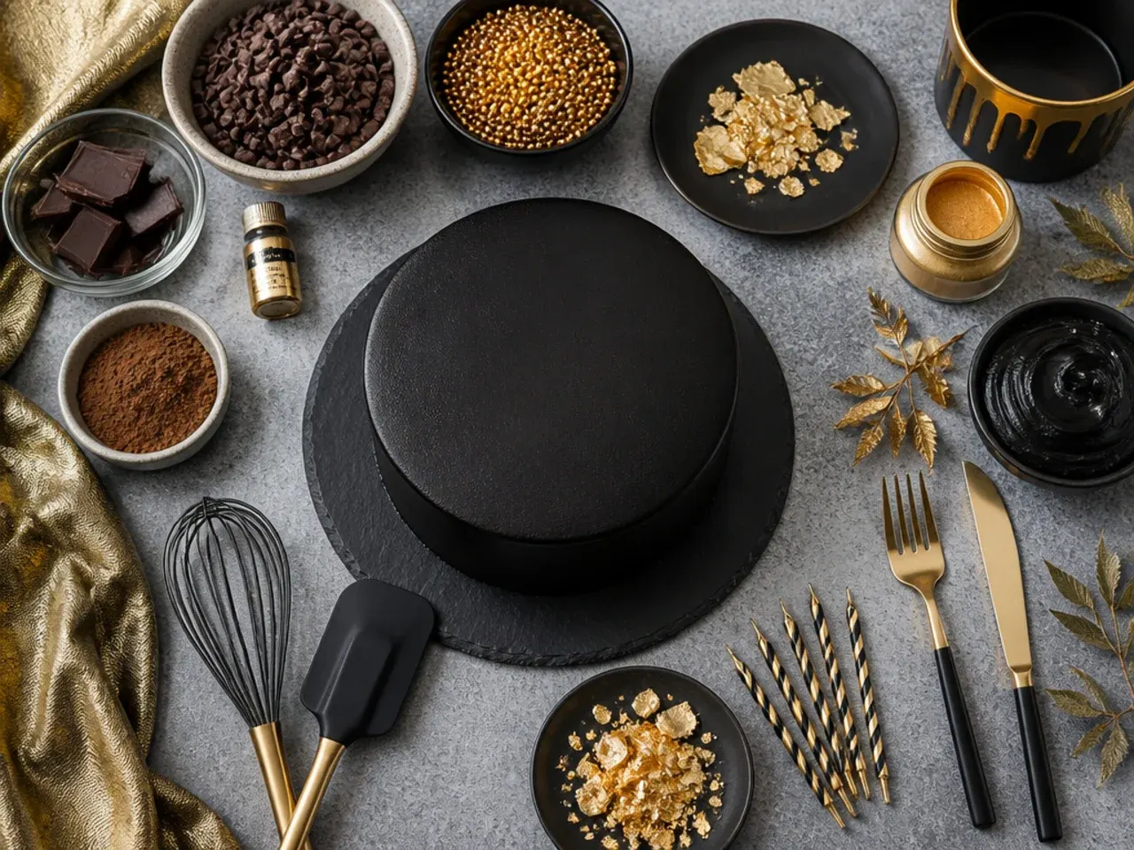 A baker applying edible gold leaf to a black ganache cake with a small dry paintbrush