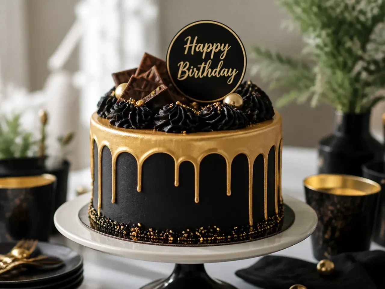 A slice of black and gold cake served on a black ceramic plate with a cup of espresso alongside