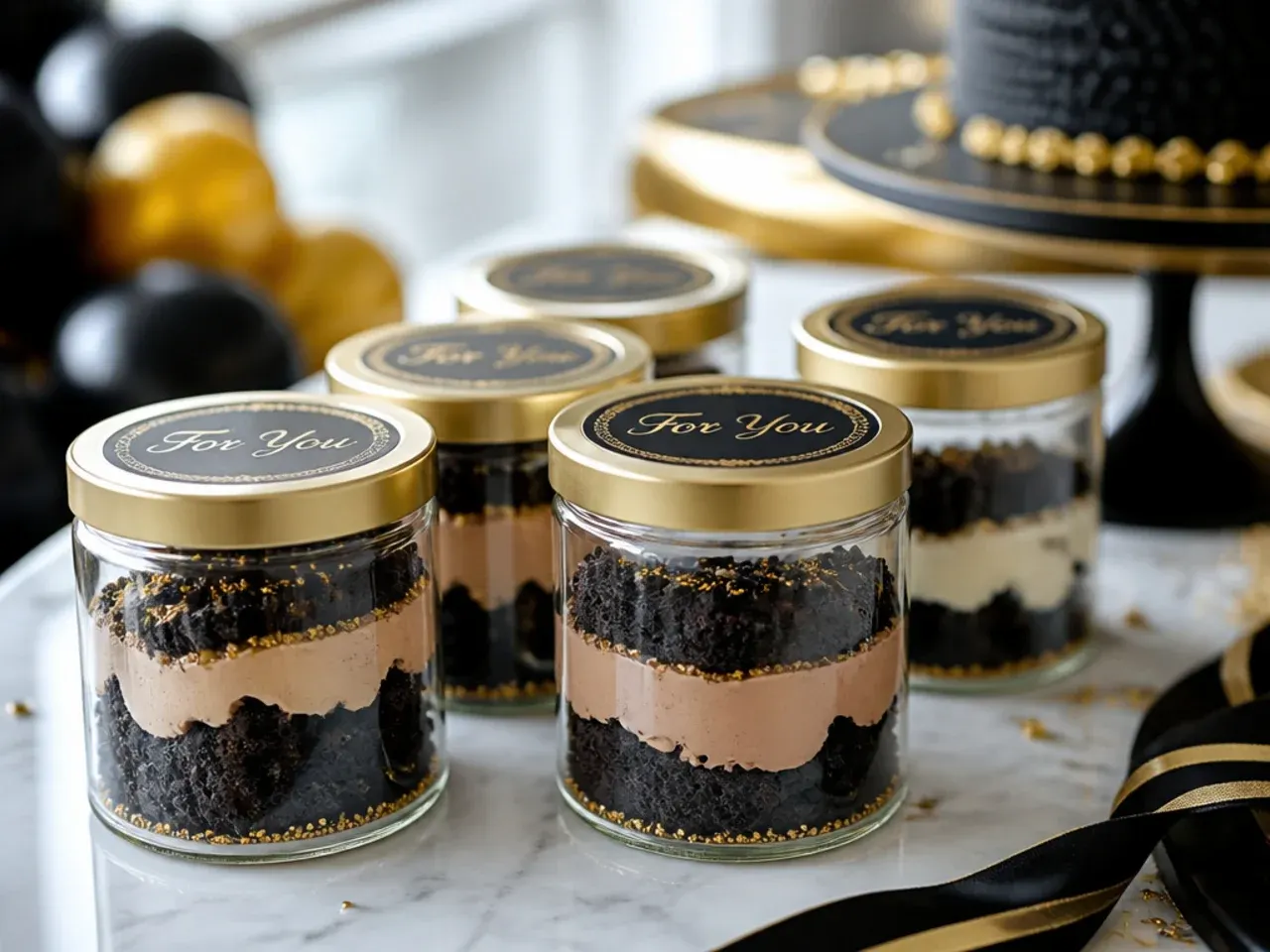 A black and gold cake stored in an airtight container in the fridge next to wrapped frozen sponge layers