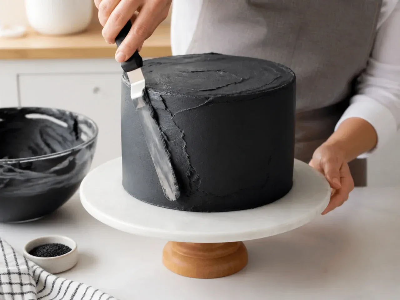 black birthday cake — step 7: make the black buttercream and assemble